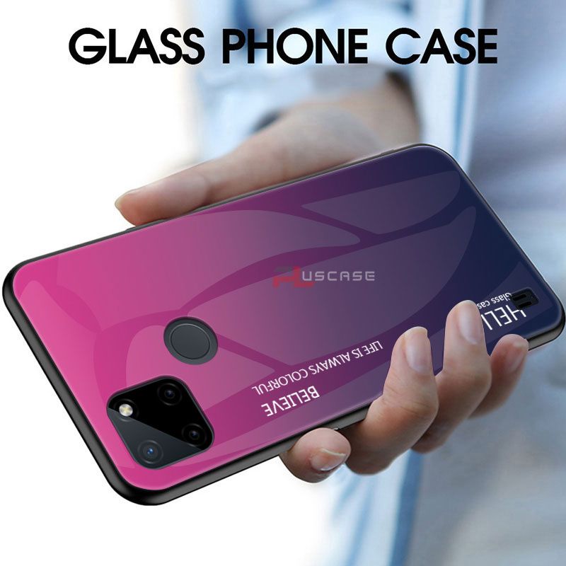 PlusCase for Realme C25Y / C21Y Case Glass Hard Gradient Painted Shockproof Phone Back Cover