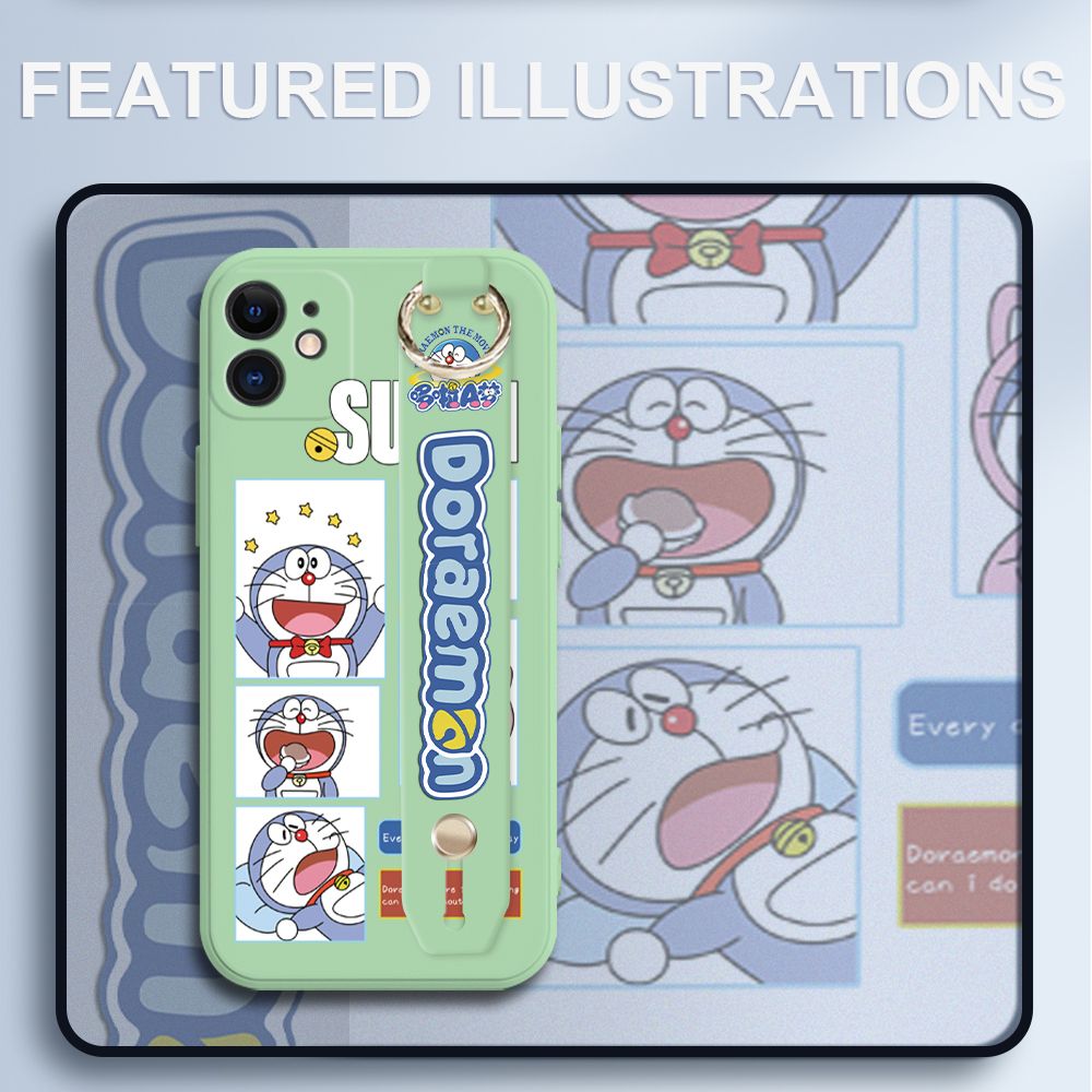 UCUC for iPhone 12 Mini Wrist Strap Case Creative Cartoon Doraemon's Daily Life Cover Ultra Thin Anti Fall Liquid Silicone Phone Case