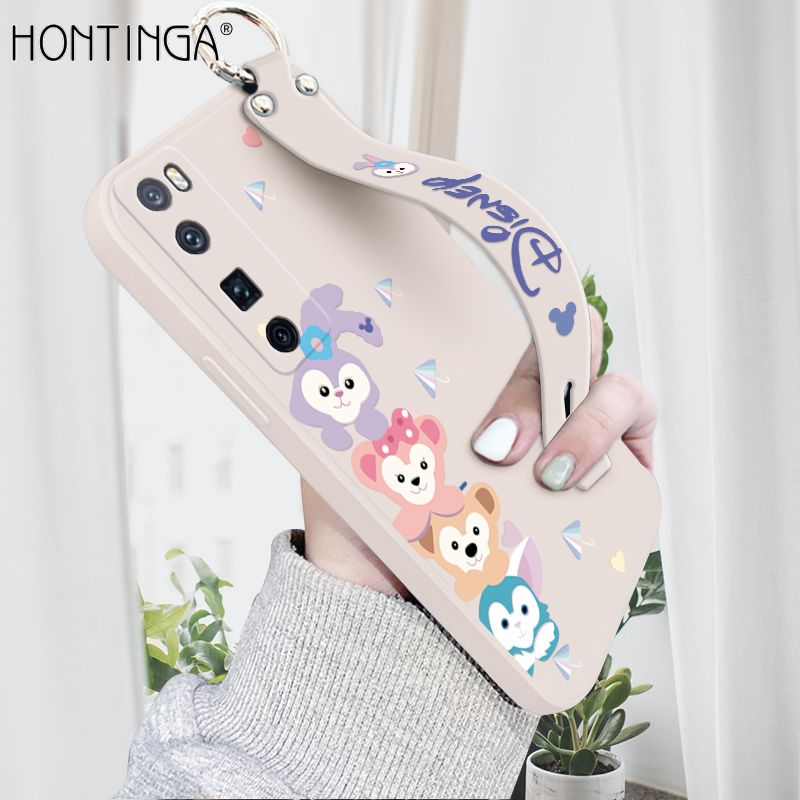 Hontinga for Huawei Nova 7 Pro Wrist Strap Case INS Cute Style Creative Cartoon Rabbit and Fox Cover Thin Square Edge Liquid Silicone Phone Case