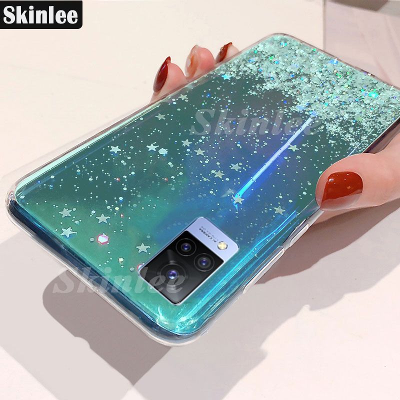 Back Cover For Vivo V21E Phone Case Glitter Silicone Soft Full Starry Sky String Glitter Transparent Space Stars Moon Vivo V21E Case