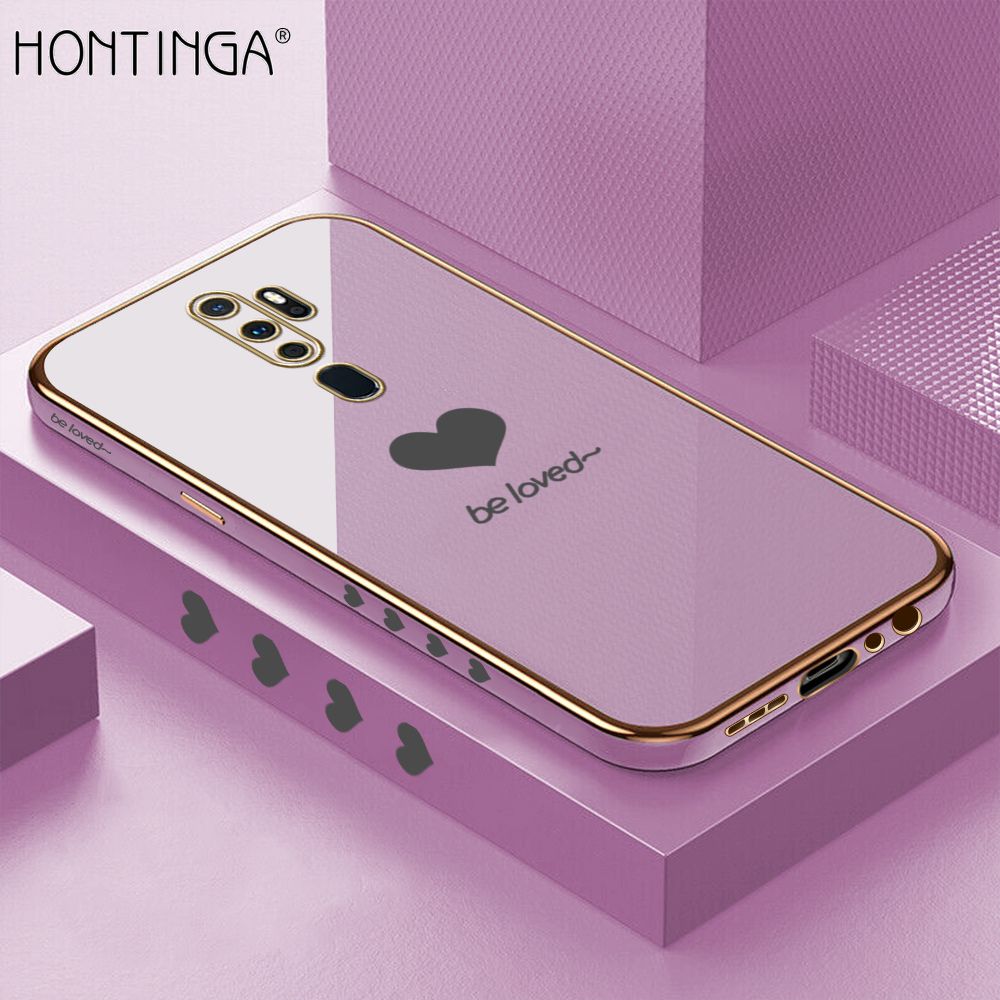 Hontinga for OPPO A9 2020 Luxury 6D Plating Soft Casing Silicone Square Frame Phone Case Shiny Bling Back Cover Lover Heart Side Pattern Case