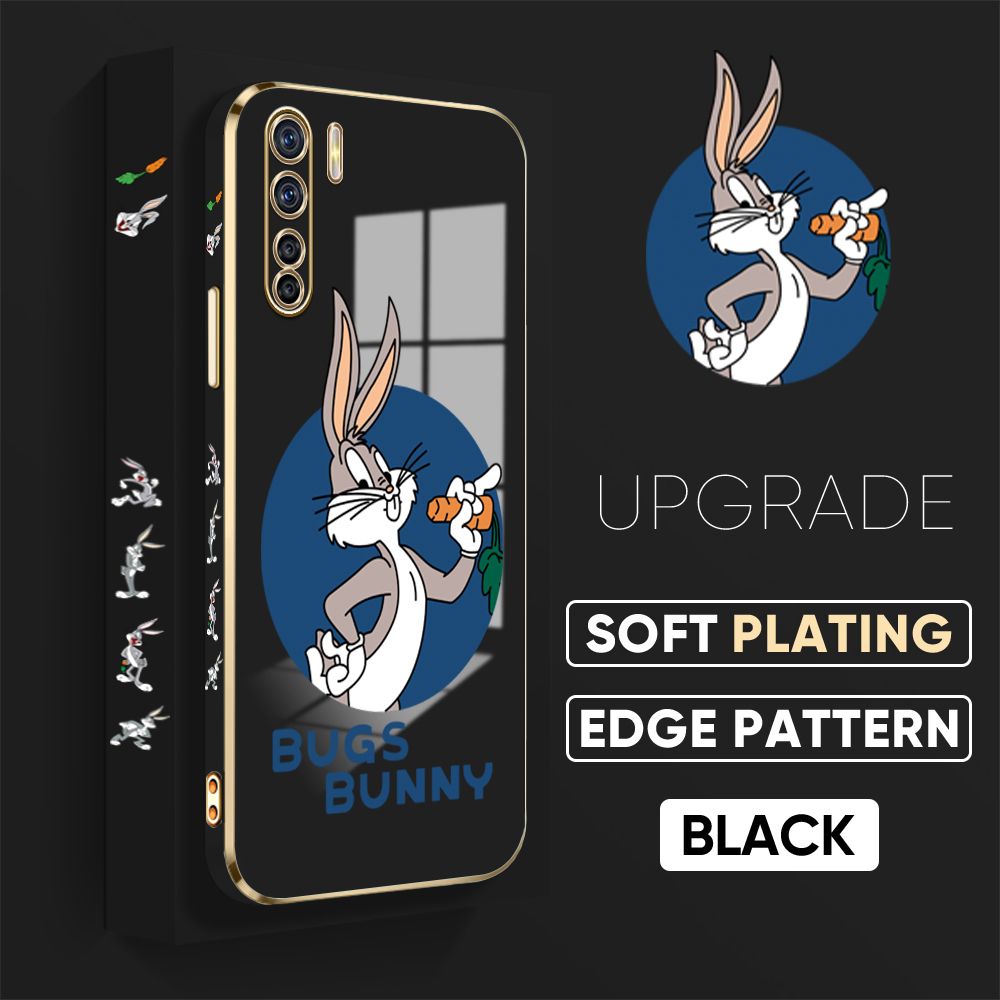 Jizetin (Free Lanyard) OPPO A91 / OPPO F15 Back Cover Anime Rabbit Luxury 6D Plating Case Side Pattern Soft Silicone Square Mobile Phone Cases