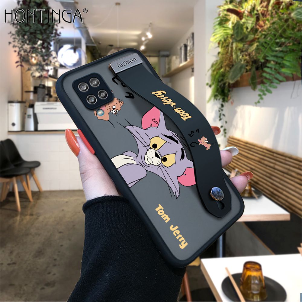 Hontinga for Samsung A12 4G / 5G M12 Back Cover With Wristband Popular Cartoon Pattern Phone Casee Full Lens Protection Thin Frosted Cases