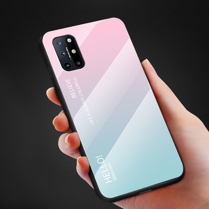 Biruqiu For Oneplus 8T Shockproof Gradient Tempered Glass Back Soft Silicone Edge Case Cover