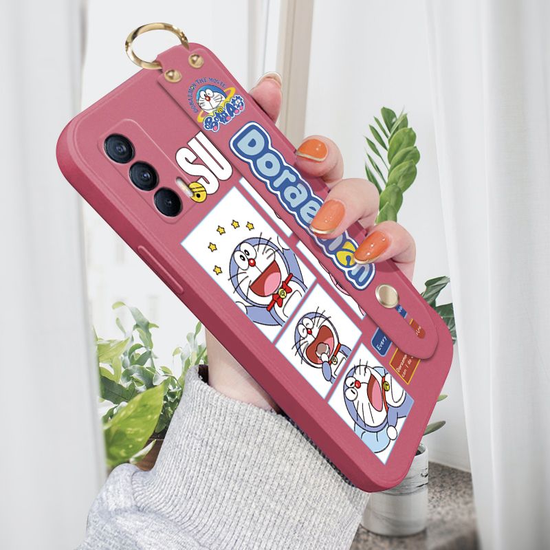Jizetin for Realme V15 5G Wrist Strap Case Creative Cartoon Doraemon's Daily Life Cover Ultra Thin Anti Fall Liquid Silicone Phone Case