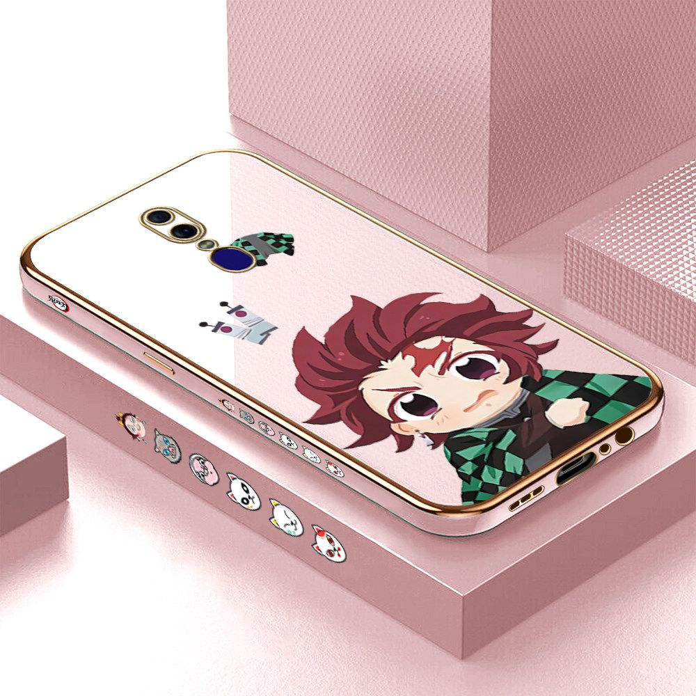 Luxury 6D Plating Case for OPPO F11 Cartoon Anime Tanjirou Side Pattern Back Cover Soft Silicone Square Frame Shiny Bling Phone Cases + Free Lanyard