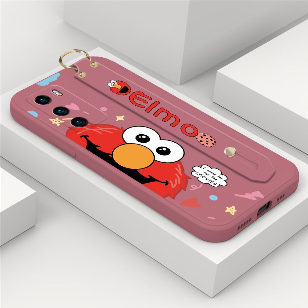 ZeroQiQi for Huawei P40 Wrist Strap Case Cute Cute Cartoon Little Monster Phone Cover Square Edge Liquid Silicone Case Full Cover Camera Shockproof Protective Cases