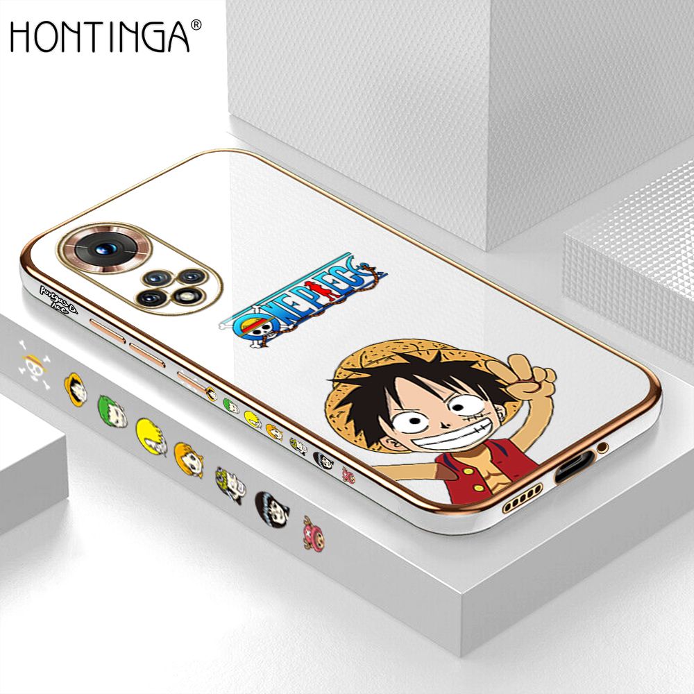 Hontinga for Honor 50 Back Cover + Free Lanyard Luxury 6D Plating Anime Cartoon Happy Luffy Side Pattern Case Soft Silicone Square Mobile Cover