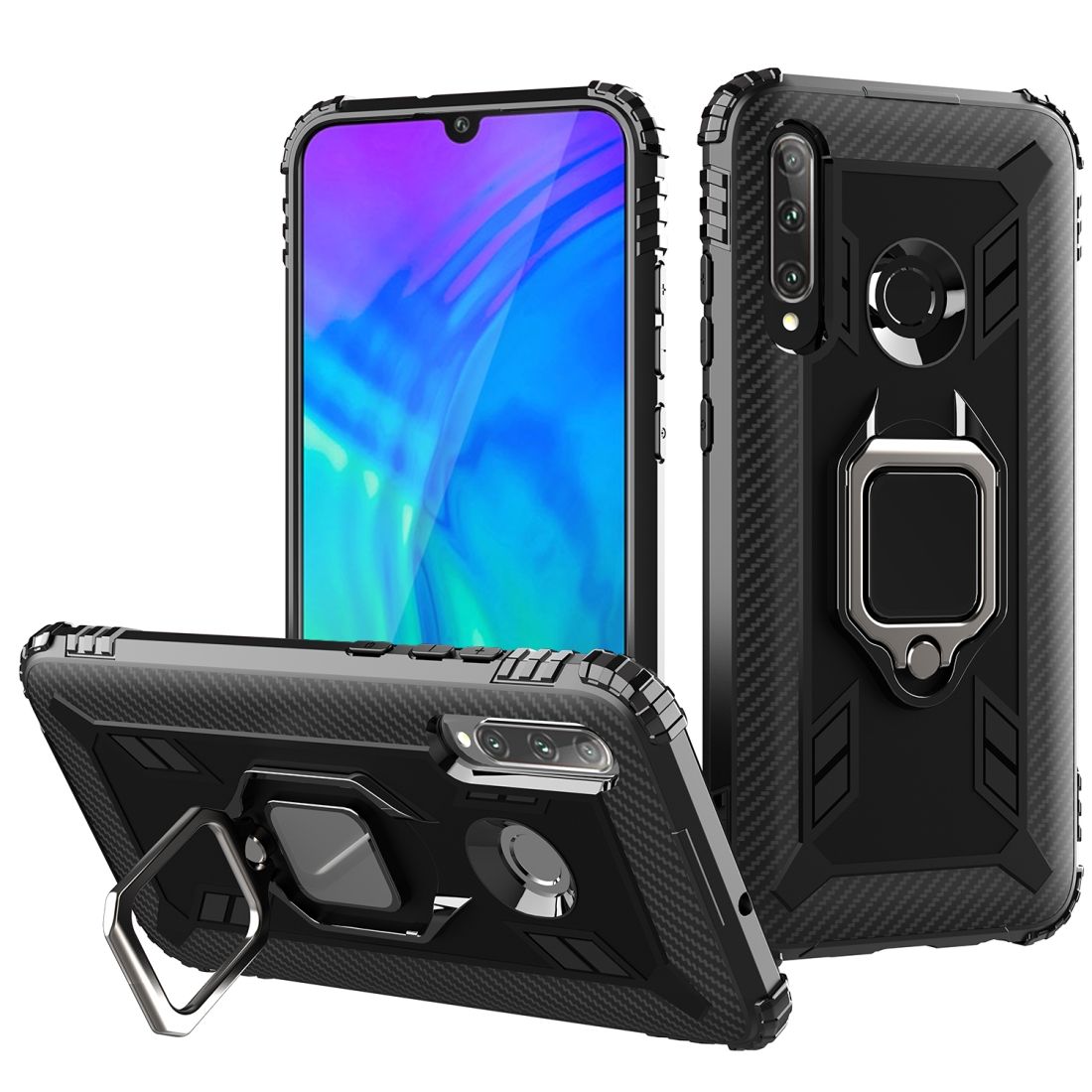 （Ready Stock)For Huawei P30 Lite Carbon Fiber Protective Case with 360 Degree Rotating Ring Holder(Black)