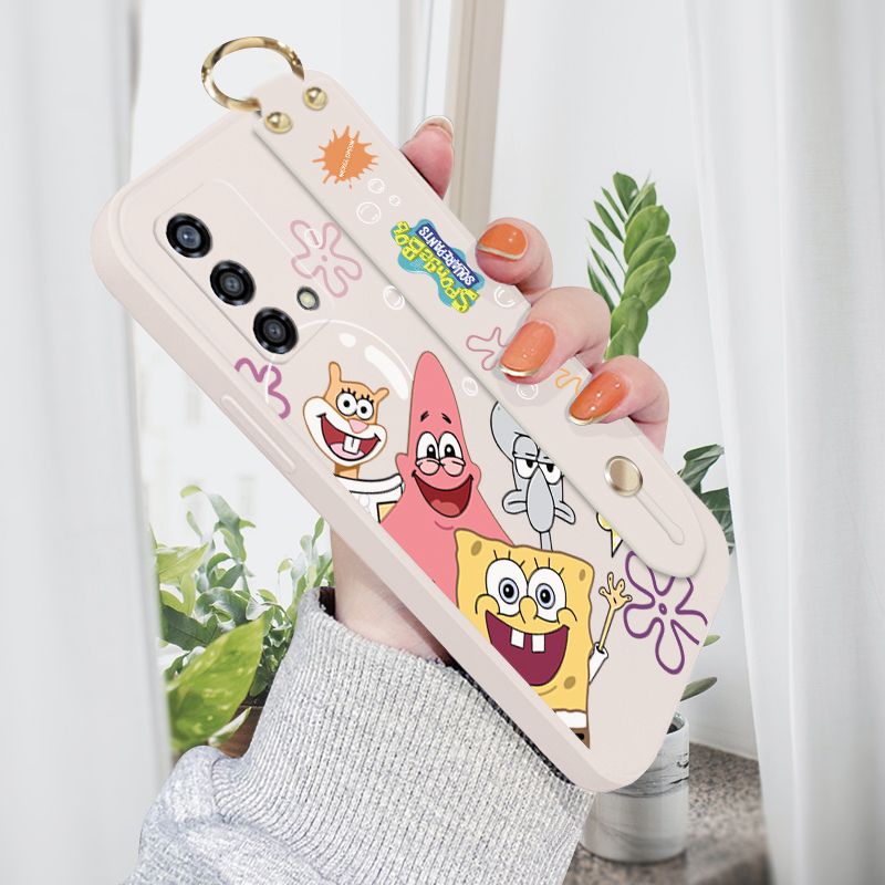Jizetin for OPPO F19 / A74 / A95 Back Cover Cute Funny SpongeBob Wrist Strap Phone Case Candy Color shock proof Protective Phone Cases