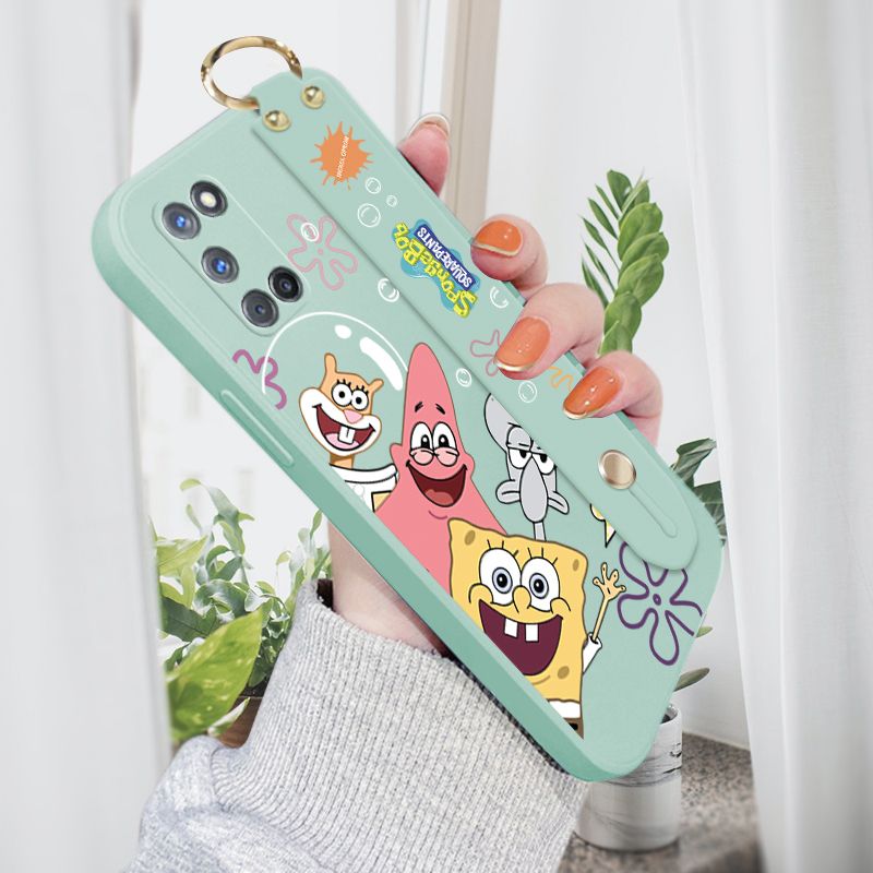 Jizetin for OPPO A92 / A52 Wrist Strap Case Funny Cartoon Sea Creatures Cover Ultra Thin Anti Fall Liquid Silicone Phone Case
