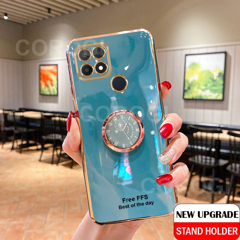 For Realme C25S / Realme C25 Cover + Ring Holder Ultra Thin Shiny Plating Bumper Stand Phone Case Soft TPU Silicone Shockproof Protective Back Cover