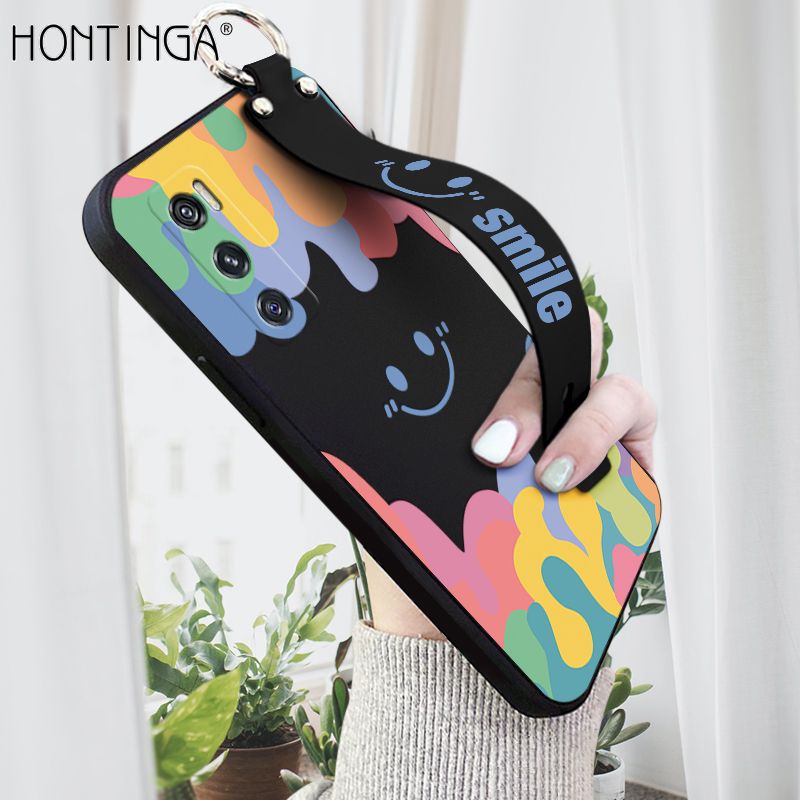 Hontinga for Vivo V20 SE Wrist Strap Case Soft Candy Color Splash Ink Cover Trend Square Printed Pattern Liquid Silicone Phone Case