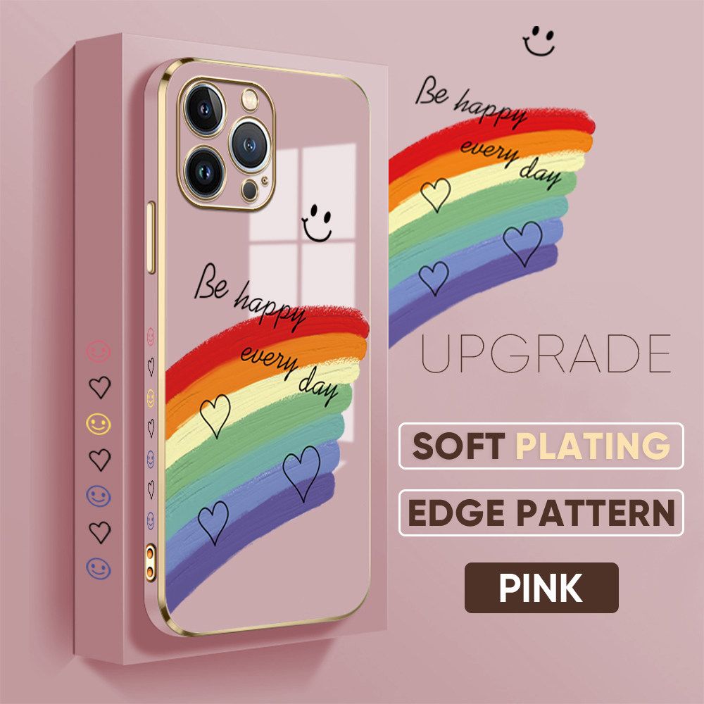 TA for iPhone 13 Pro Max Back Cover + Free Lanyard Rainbow Doodle Luxury 6D Plating Case Side Pattern Soft Silicone Square Phone Cases