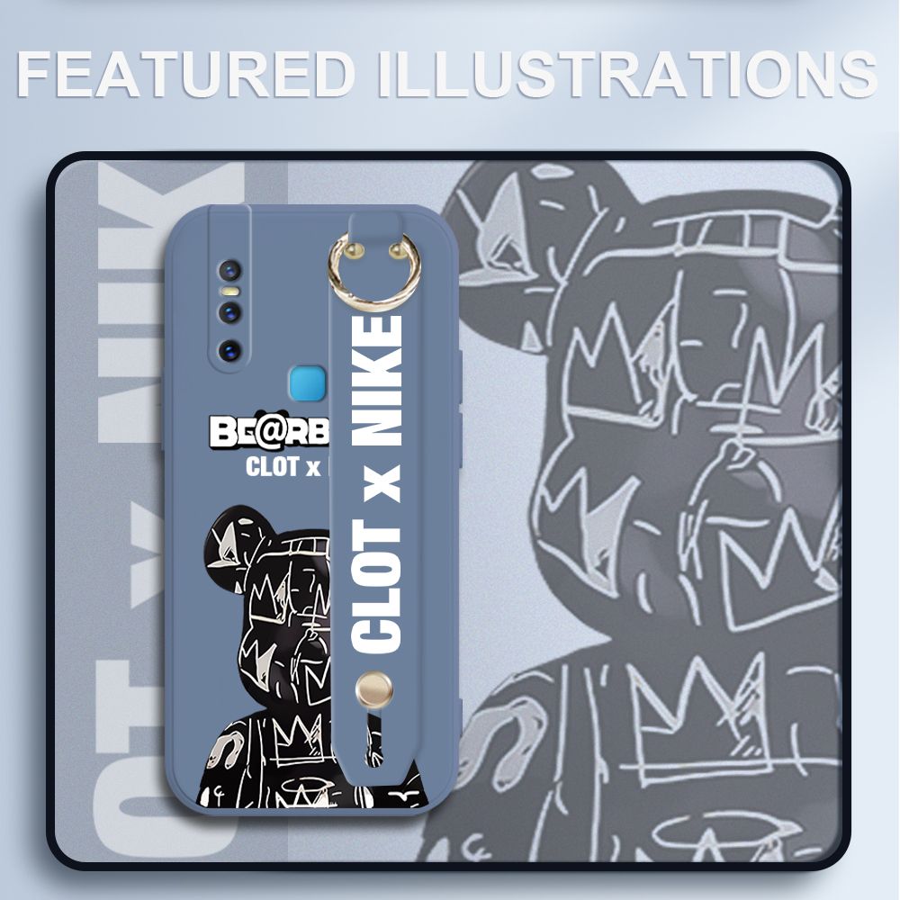 UCUC for Vivo V15 Wrist Strap Case Creative Cartoon Black Stitching Bear Cover Ultra Thin Anti Fall Liquid Silicone Phone Case