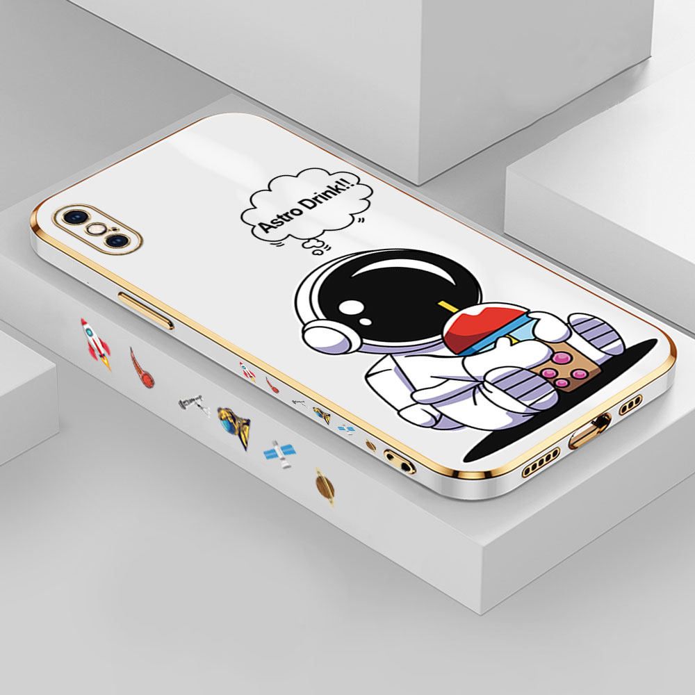 Jizetin (Free Lanyard) iPhone XS MAX Case Cute Cartoon Drink Astronaut Luxury 6D Plating Soft Casing Silicone Ultra Thin Phone Cover