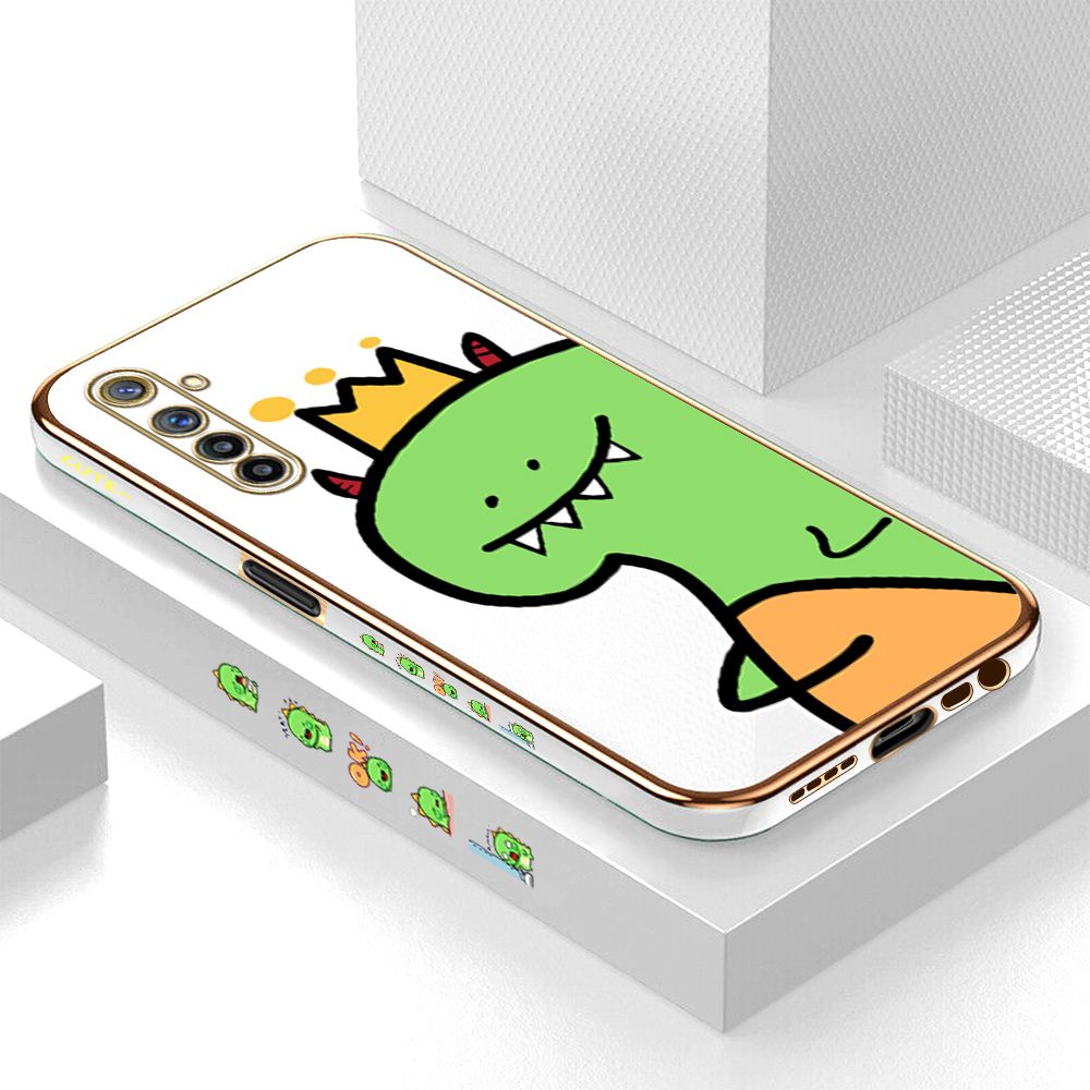 Luxury 6D Plating Case for Realme 6 Cute Cartoon Crown Dinosaur Side Pattern Back Cover Soft Silicone Square Phone Cases + Free Lanyard