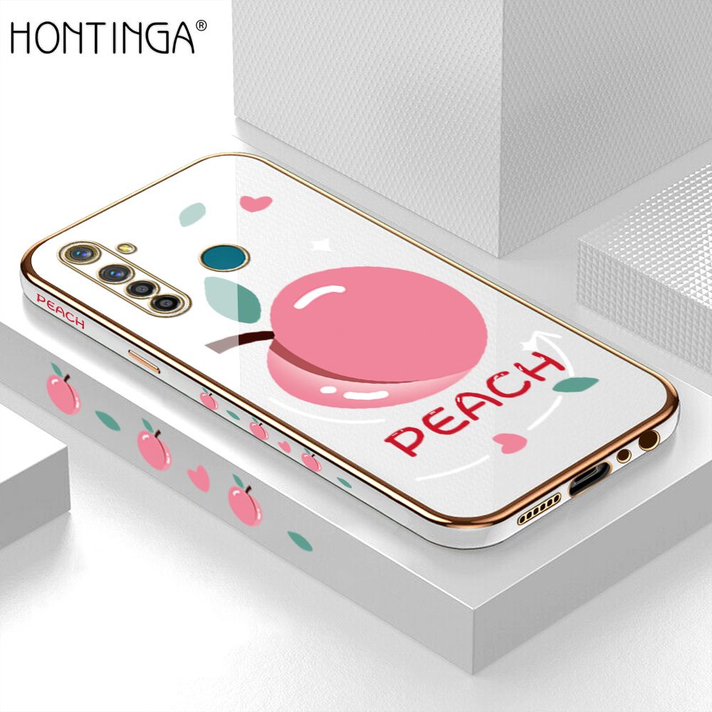 Hontinga for Realme 5 Pro Back Cover + Free Lanyard Luxury 6D Plating Cartoon Simple Peach Side Pattern Case Soft Silicone Square Mobile Cover