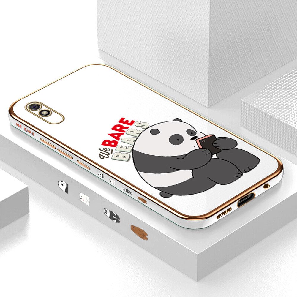 Luxury 6D Plating Case for Redmi 9A Cartoon Panda Side Pattern Back Cover Soft Silicone Square Frame Shiny Bling Phone Cases + Free Lanyard