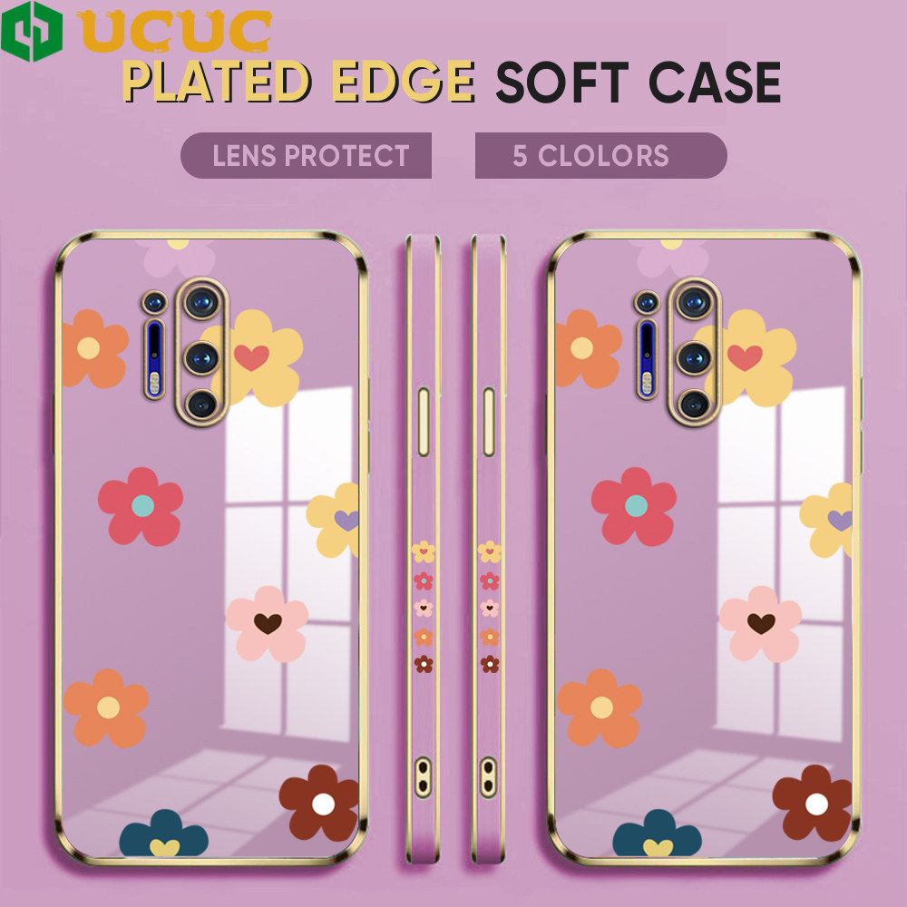 UCUC for OnePlus 8 Pro Back Cover + Free Lanyard INS Style Flower Luxury 6D Plating Case Side Pattern Soft Silicone Square Phone Cases