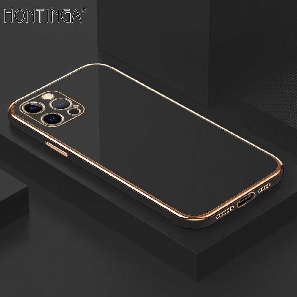 Hontinga for iPhone 12 Pro Max Back Cover + Free Lanyard Luxury 6D Plating Frame Shiny Bling Case Soft Silicone Square Mobile Cover