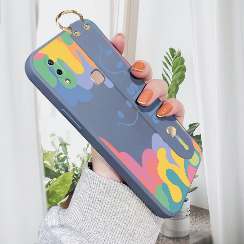 ZeroQiQi for Vivo V9 Wrist Strap Case Soft Candy Color Splash Ink Cover Trend Square Printed Pattern Liquid Silicone Phone Case