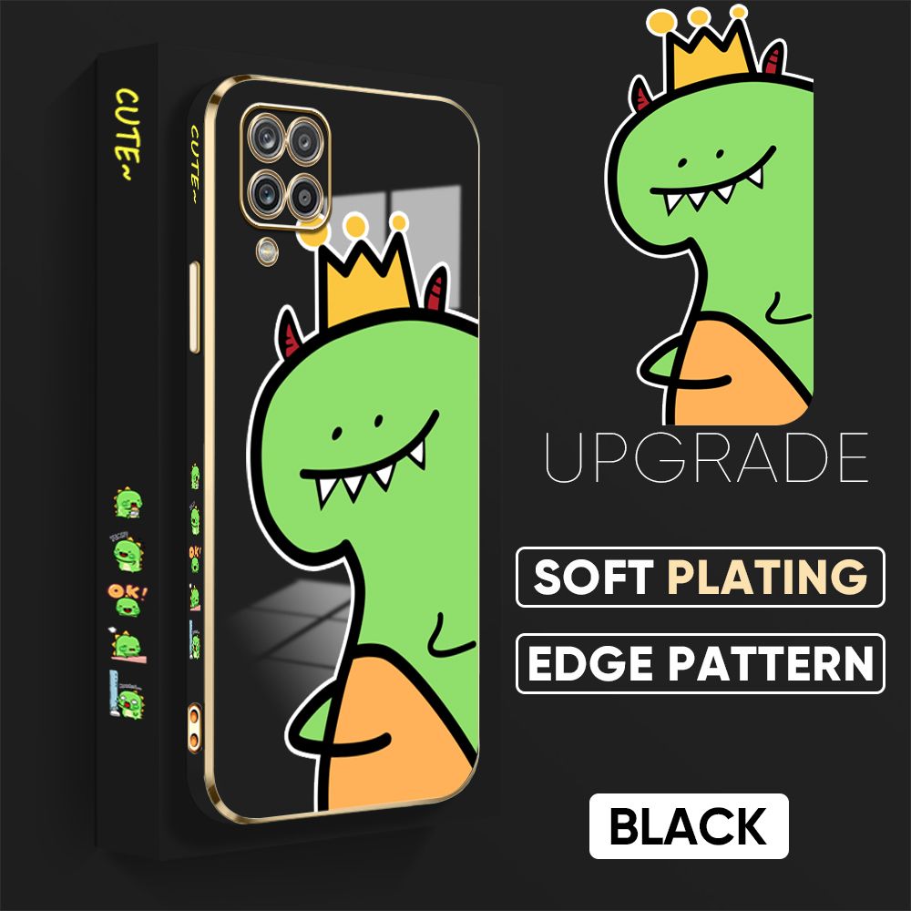 TA for Samsung Galaxy M12 / A12 / A12 5G Back Cover + Free Lanyard Crown Dinosaur Luxury 6D Plating Case Side Pattern Soft Silicone Square Phone Cases