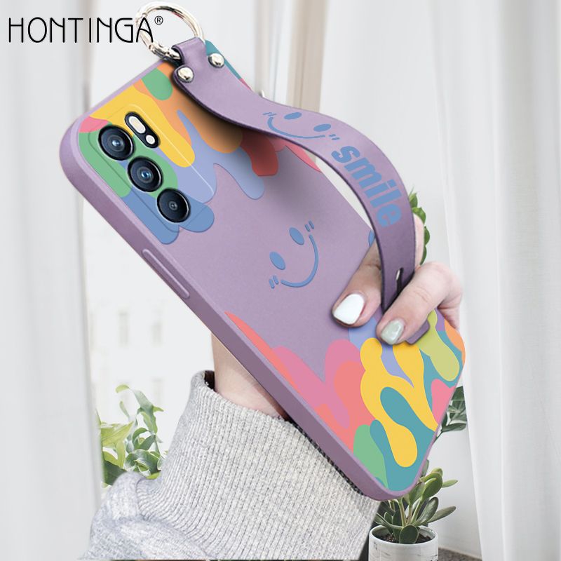 Hontinga for OPPO Reno6 5G Wrist Strap Case Soft Candy Color Splash Ink Cover Trend Square Printed Pattern Liquid Silicone Phone Case