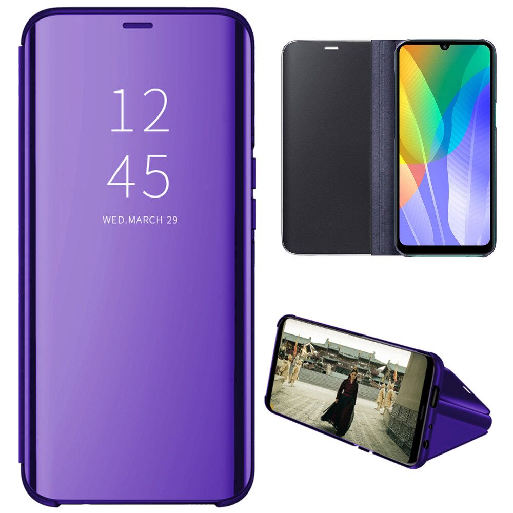 For Huawei Y6P Mirror Plating Hard PC -PU Leather Translucent Standing View Case Cover
