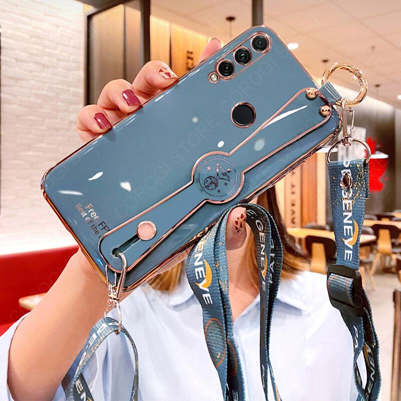 For Huawei Y6P Cover with [Lanyard + Wrist Strap Stand Holder] Ultra Thin Plating Bumper Phone Case Camera Lens Protection Soft TPU Silicone Shockproof Protective Back Cover