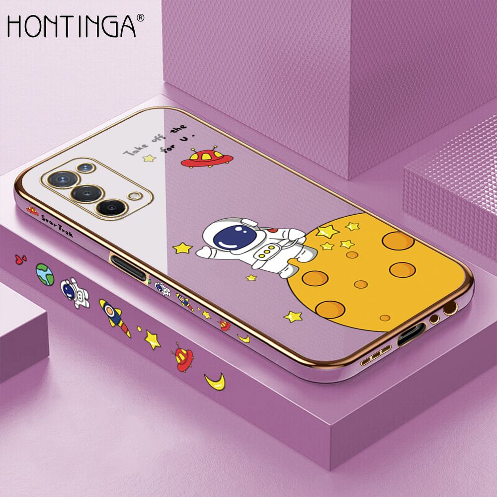 Hontinga for OPPO A74 5G Case Luxury 6D Plating Cartoon Lunar Astronaut Side Pattern Soft Back Cover Silicone Square Phone Cases