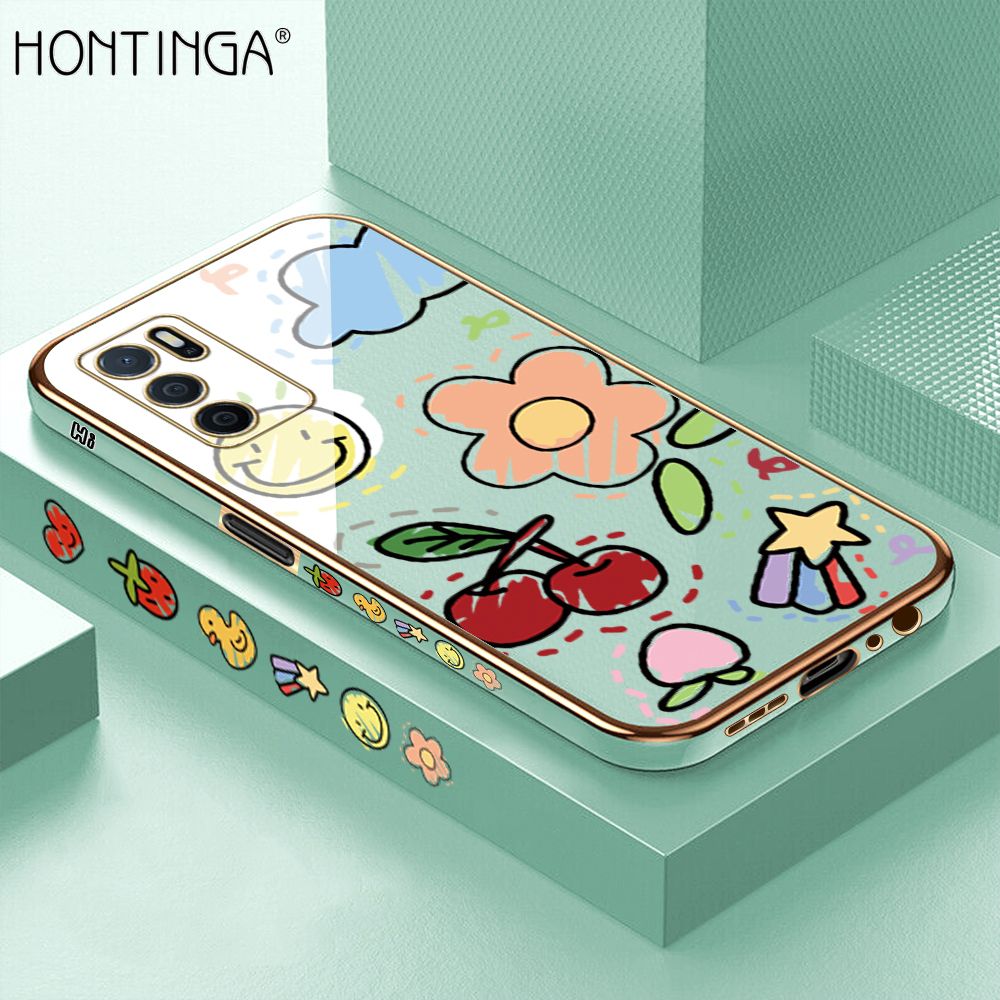 Hontinga for OPPO A16 Back Cover + Free Lanyard Luxury 6D Plating Cartoon Cherry Peach Side Pattern Case Soft Silicone Square Mobile Cover