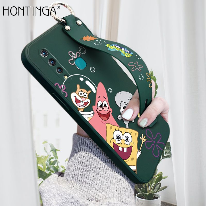 Hontinga for Vivo Z1 Pro Wrist Strap Case Cute Cute Funny Cartoon Sponge for Square Pants Cover Square Edge Liquid Silicone Anti-drop Phone Case
