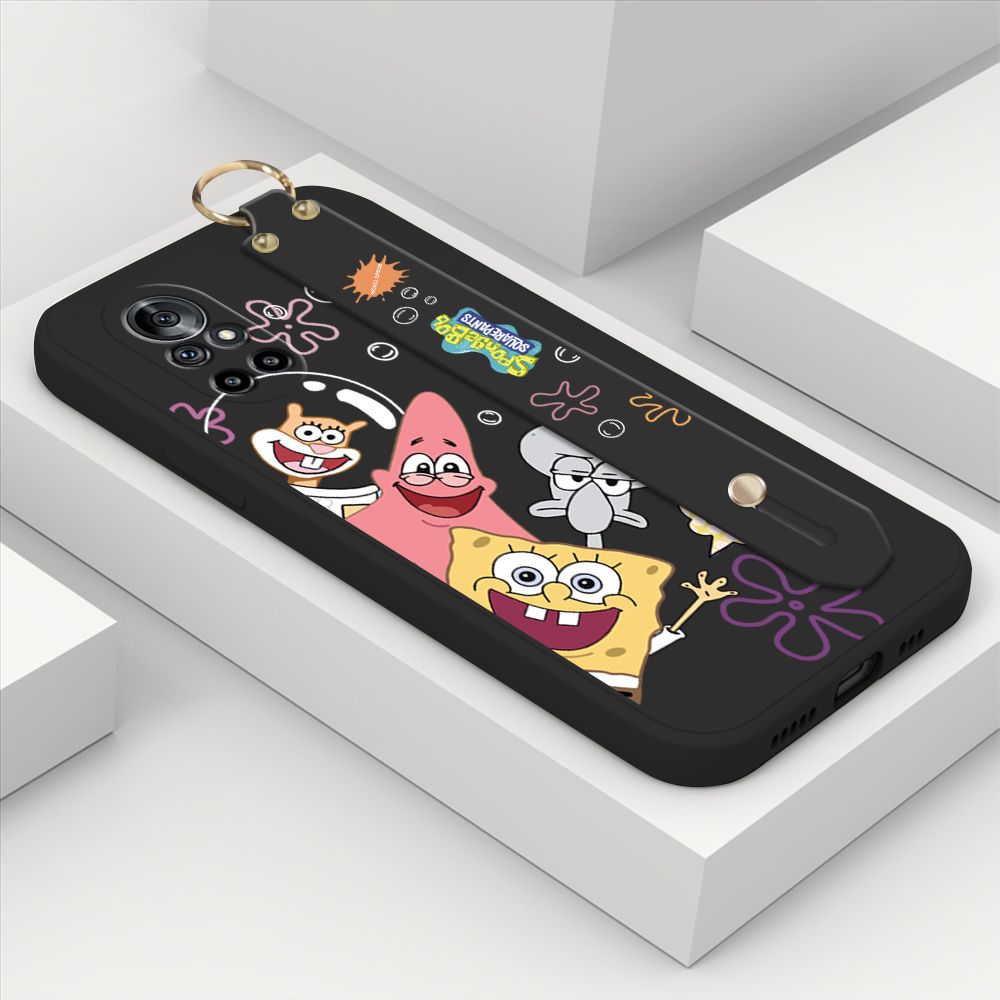 ZeroQiQi for Huawei Nova 8 Wrist Strap Case Cute Cute Funny Cartoon Sponge for Square Pants Cover Square Edge Liquid Silicone Anti-drop Phone Case