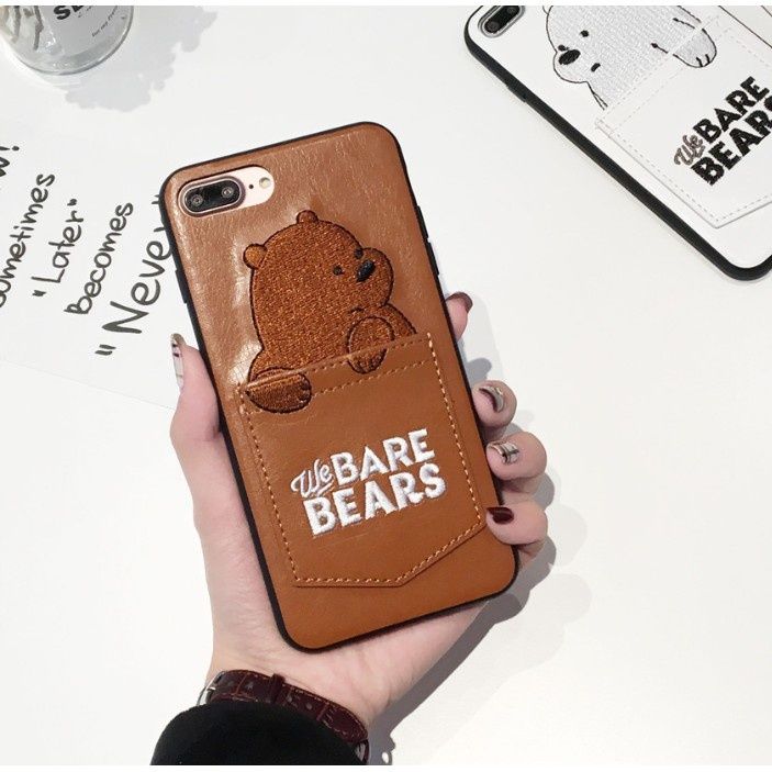 Yfashion Cute Cartoon Bear Embroidery Leather Phone Case with Card Pocket for iPhone