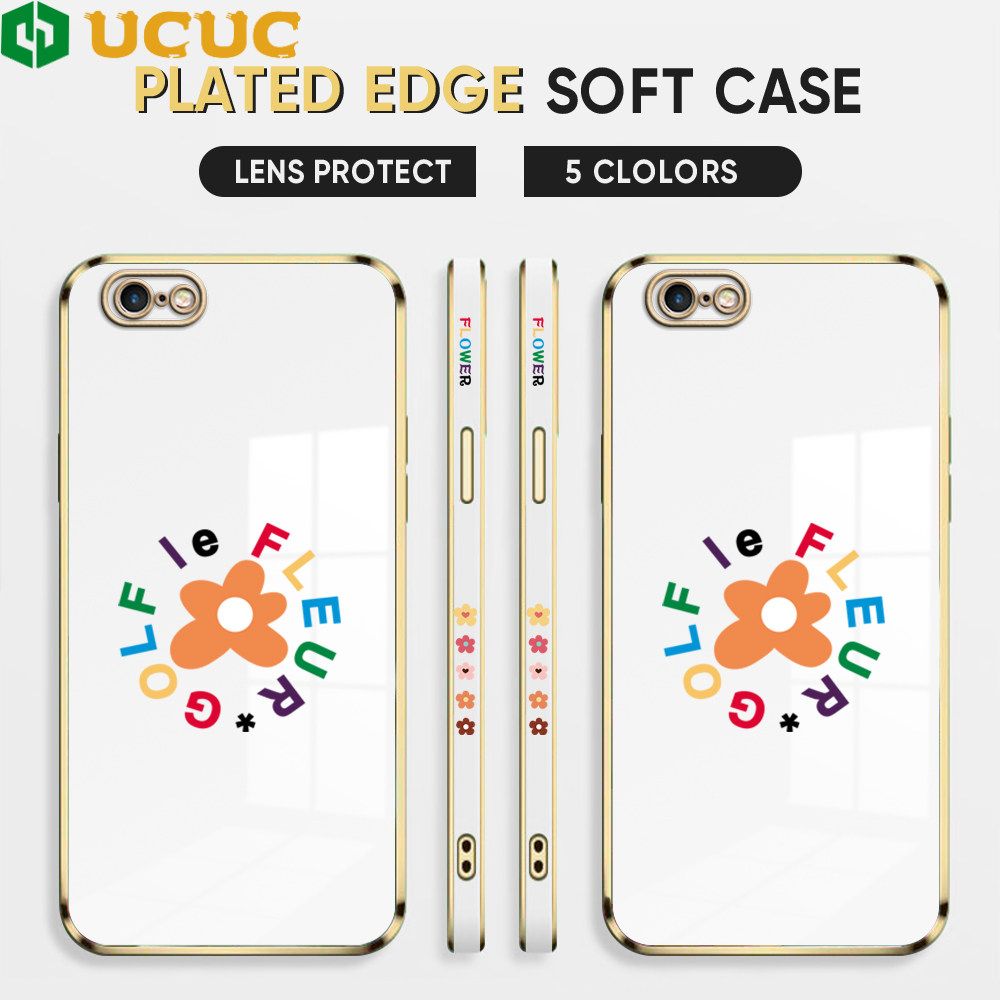 UCUC for iPhone 6 6S Back Cover + Free Lanyard Colorful Flower Luxury 6D Plating Case Side Pattern Soft Silicone Square Phone Cases