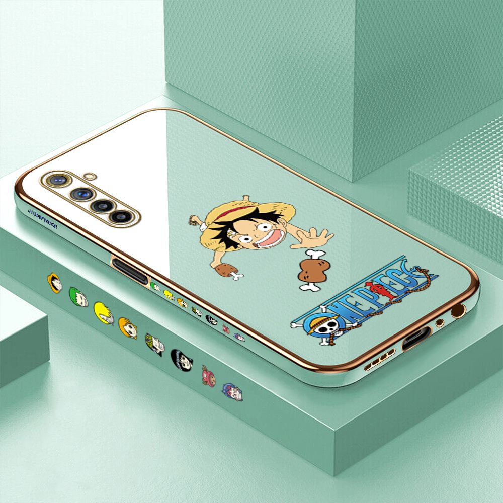 Luxury 6D Plating Case for Realme 6 Pro Cartoon Meaty Luffy Side Pattern Back Cover Soft Silicone Square Phone Cases + Free Lanyard