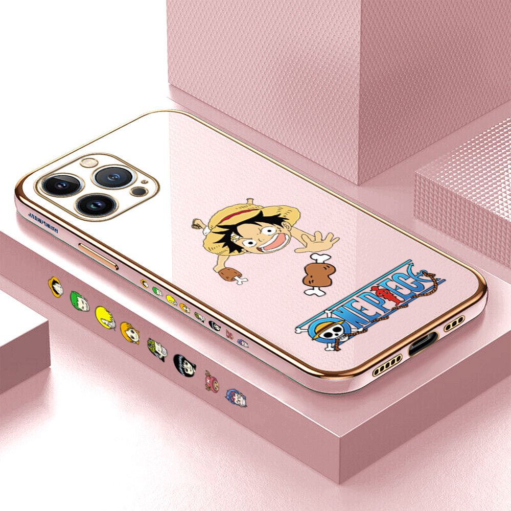 Luxury 6D Plating Case for iPhone 13 Pro Gluttonous Cartoon Luffy Side Pattern Back Cover Soft Silicone Square Frame Shiny Bling Phone Cases + Free Lanyard