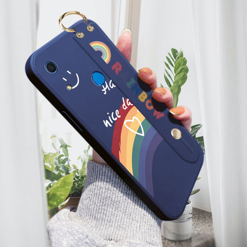 Jizetin for Huawei Y6S Wrist Strap Case INS Style Smile Rainbow Cover Ultra Thin Anti Fall Liquid Silicone Phone Case