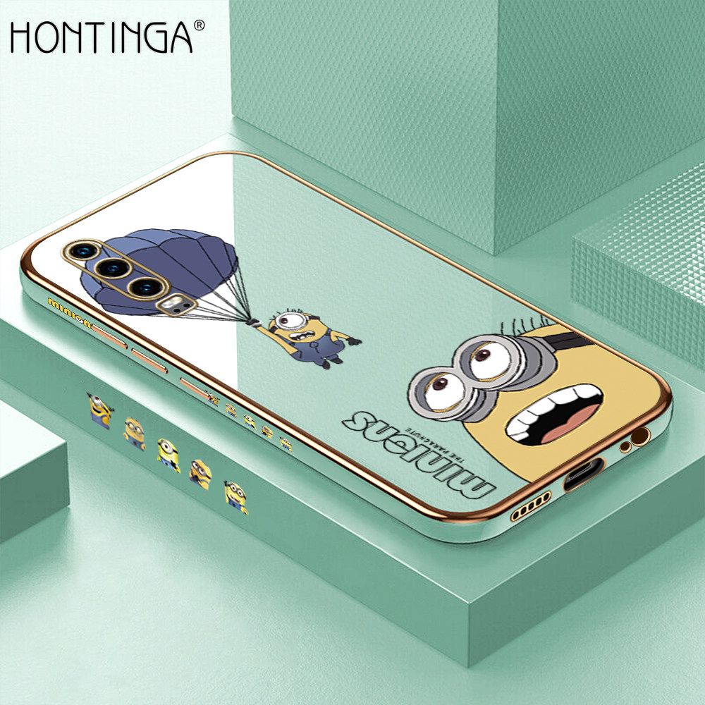 Hontinga for Huawei P30 Back Cover + Free Lanyard Luxury 6D Plating Yellow Cartoon Character Pattern Case Soft Silicone Square Phone Cases