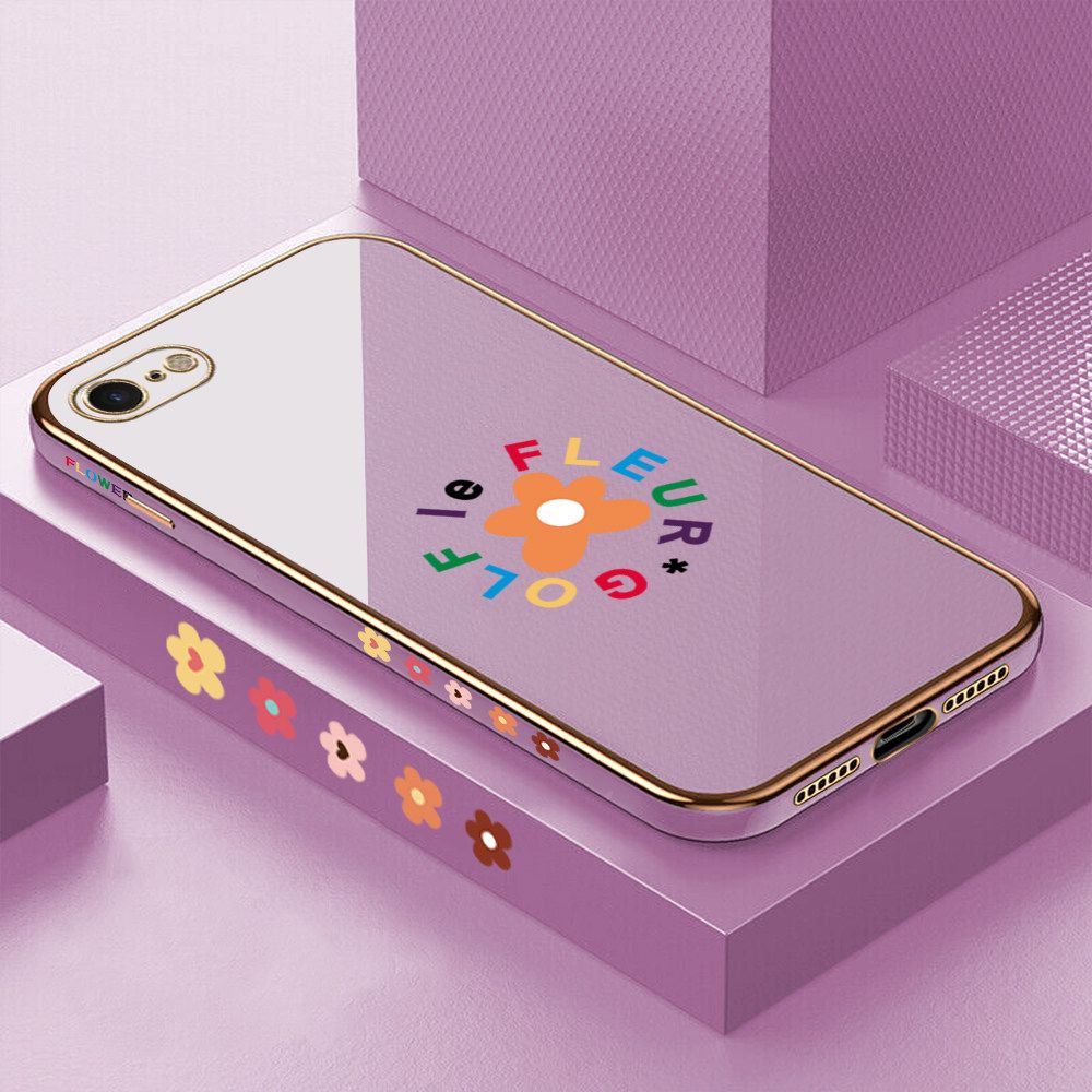 Luxury 6D Plating Case for iPhone SE 2020 Cartoon Flower Side Pattern Back Cover Soft Silicone Square Frame Shiny Bling Phone Cases + Free Lanyard
