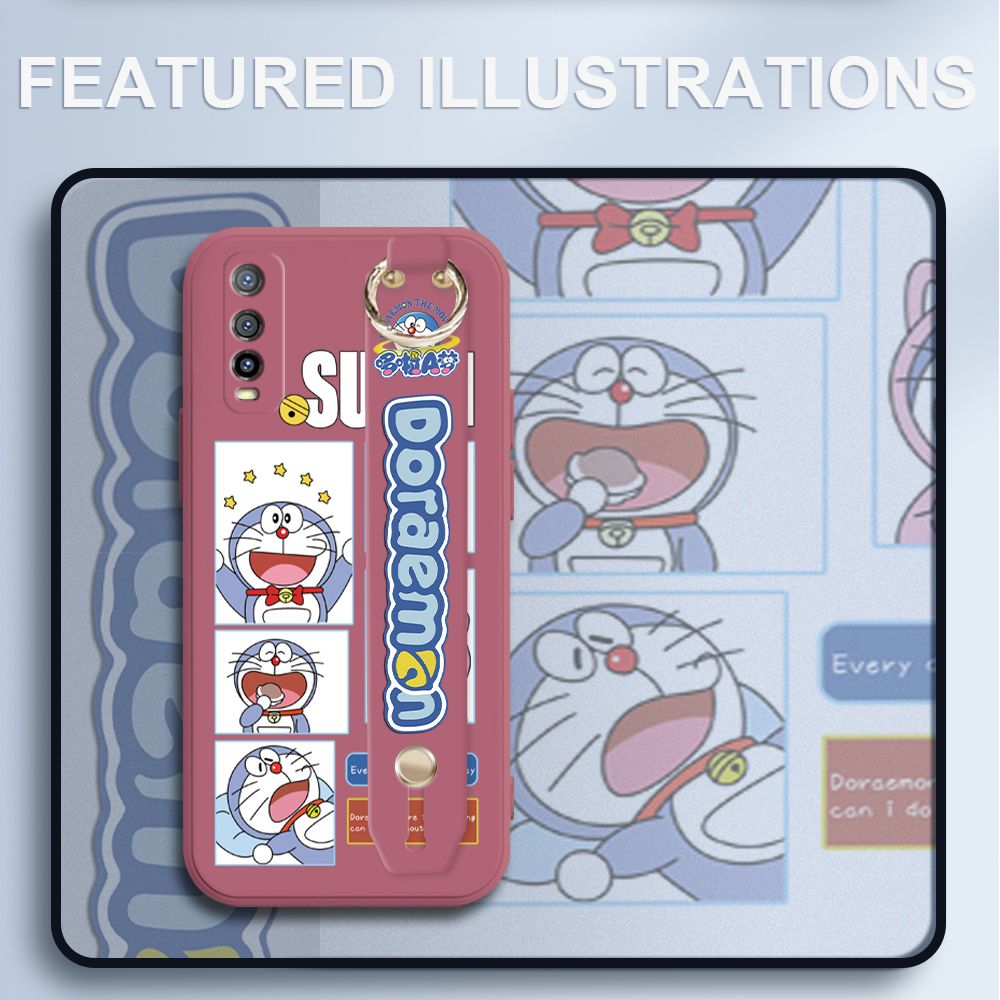 UCUC for Vivo Y70S Wrist Strap Case Creative Cartoon Doraemon's Daily Life Cover Ultra Thin Anti Fall Liquid Silicone Phone Case