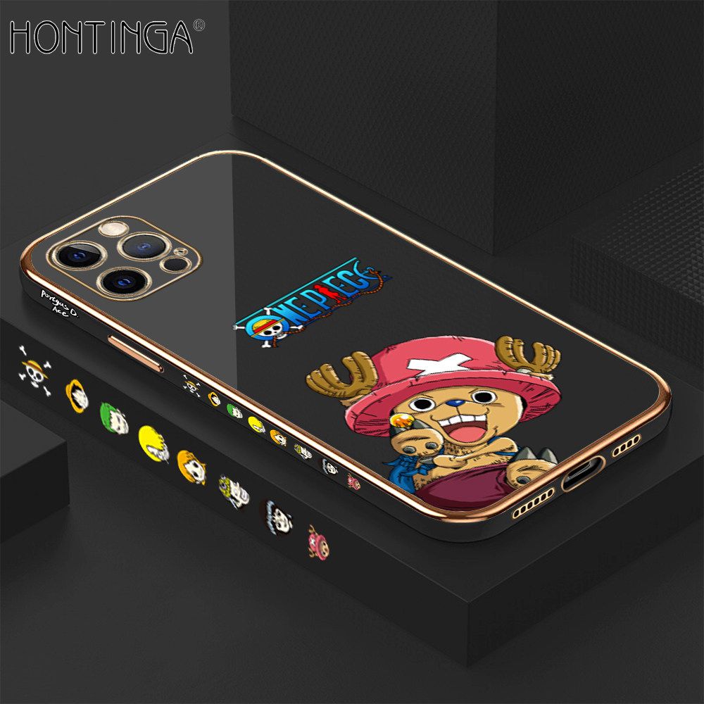 Hontinga for iPhone 12 Pro Max Back Cover + Free Lanyard Luxury 6D Plating Cute Cartoon Choba Side Pattern Case Soft Silicone Square Mobile Cover