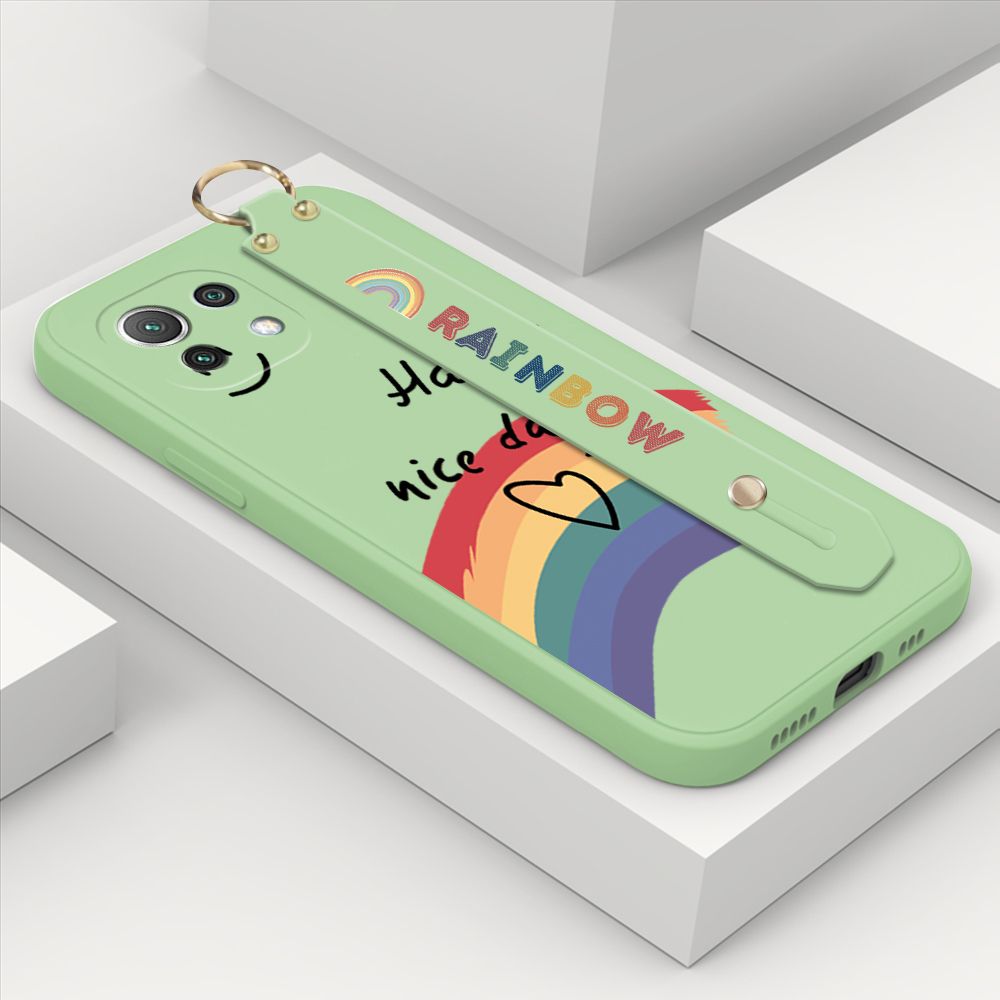 ZeroQiQi for Xiaomi Mi 11 Lite 5G Wrist Strap Case Lovely Graffiti Rainbow Smile Thin Phone Cover Square Edge Liquid Silicone Creativity Phone Case