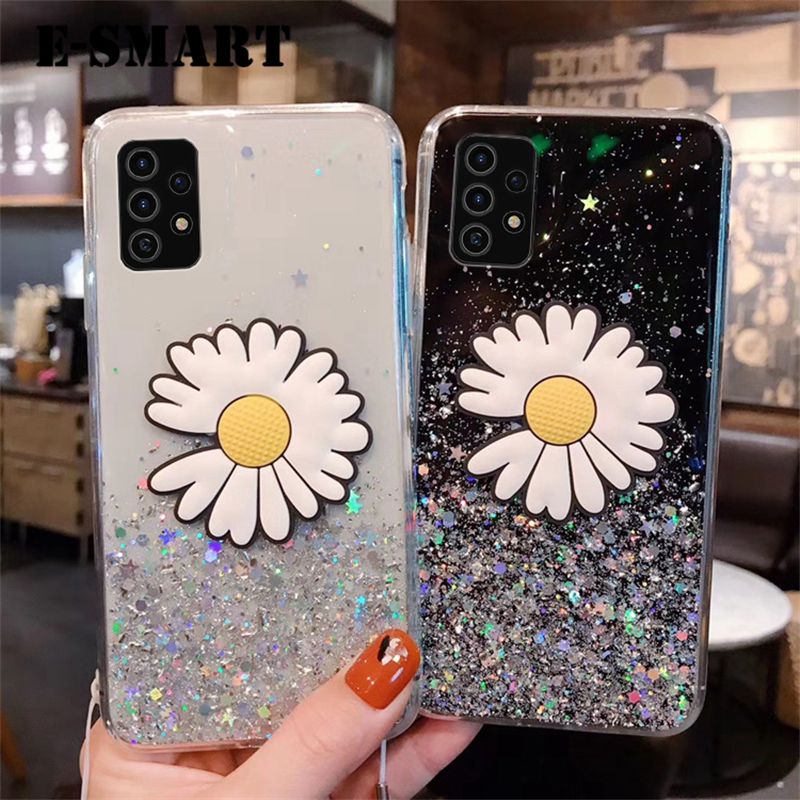 Phone Case Samsung Galaxy A13 4G Transparent Bling Glitter Cases Soft Clear Shining Sequin Back Cover with Daisy Flowers Folding Samsung A13 4G Case