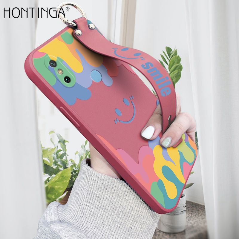Hontinga for Xiaomi Mi 6X Wrist Strap Case Soft Candy Color Splash Ink Cover Trend Square Printed Pattern Liquid Silicone Phone Case