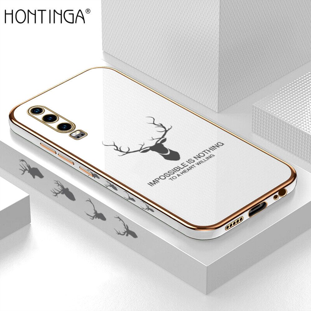 Hontinga for Huawei P30 Back Cover + Free Lanyard Luxury 6D Plating Cartoon Lucky Side Pattern Case Soft Silicone Square Phone Cases