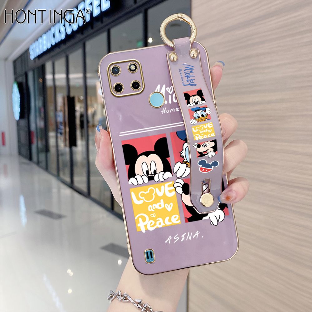 Hontinga for Realme C21Y / C25Y Back Cover With Wristband Luxury 6D Plating Cartoon Case Soft Silicone Square Phone Cases