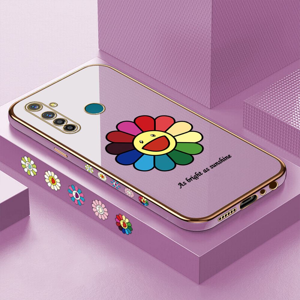 Luxury 6D Plating Case for Realme 5 Pro Colored Sunflower Side Pattern Back Cover Soft Silicone Square Phone Cases + Free Lanyard