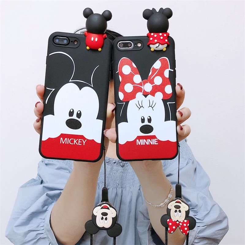 For OPPO A7 A5S A3S A37 A39 A57 A59 F1S A71 A77 F3 A83 Luxury 3D Cartoon Couple Models Mickey Mouse Phone Case Shockproof Silicone TPU Back Cover with Long Lanyard